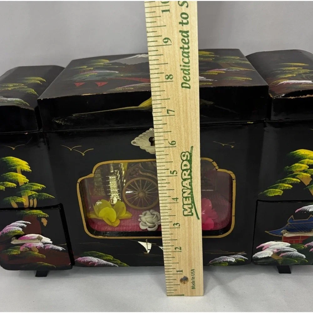 Vintage Japanese Black Lacquer Musical Jewelry Box- Window Diorama